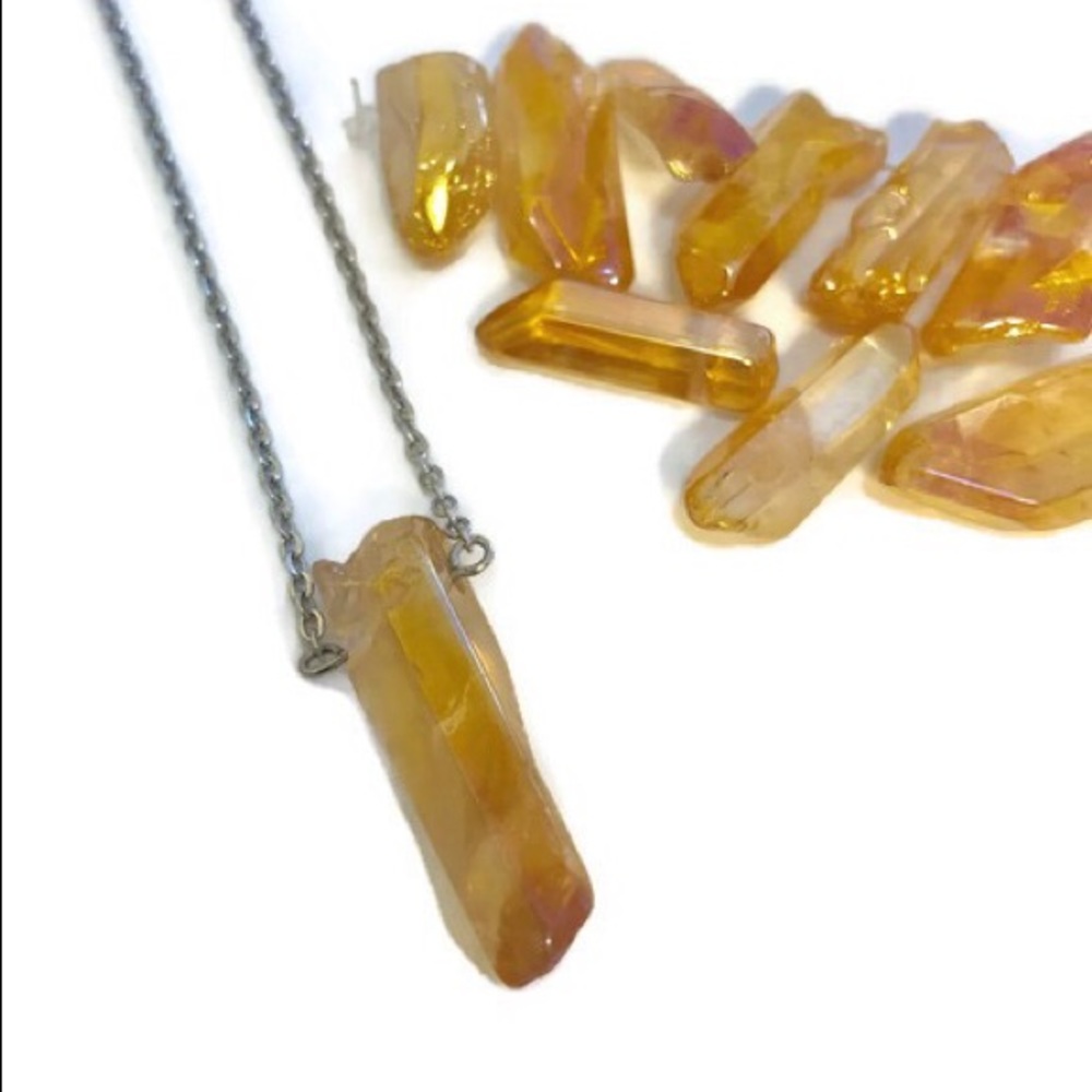 Golden Amber Aura Quartz Silver Necklace